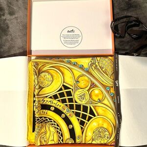Iconic Hermes 100% Silk Scarf -- Black and Gold Monnaies et Symboles des Parisii